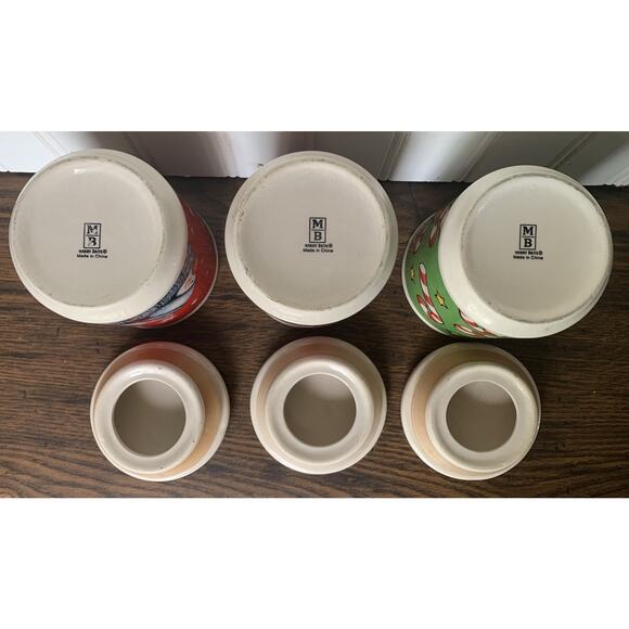 3 Merry Brite Christmas Small Ceramic Mugs Canister Lids W Seals No Handles Vtg - Picture 4 of 5